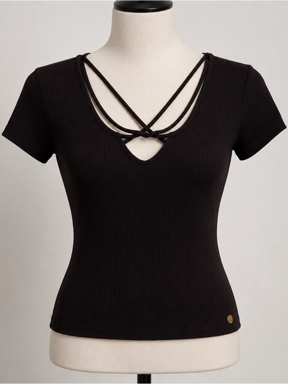 Guess Black Ribbed Criss Cross Top XS Y2K Fitted Stretch Strappy Baby Tee
